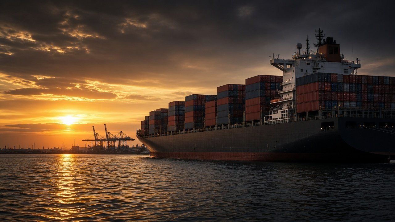 Container ship leaving a port at sunset
