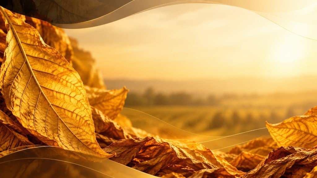 Cured tobacco leaves in warm evening light